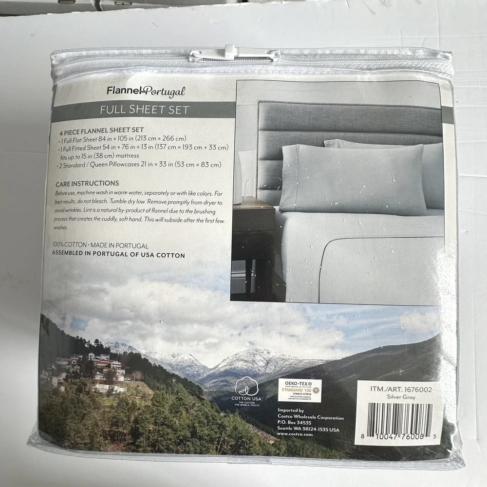 Flannel from Portugal FULL Sheet Set 4 Piece 100% USA Cotton Neutral Silver Gray